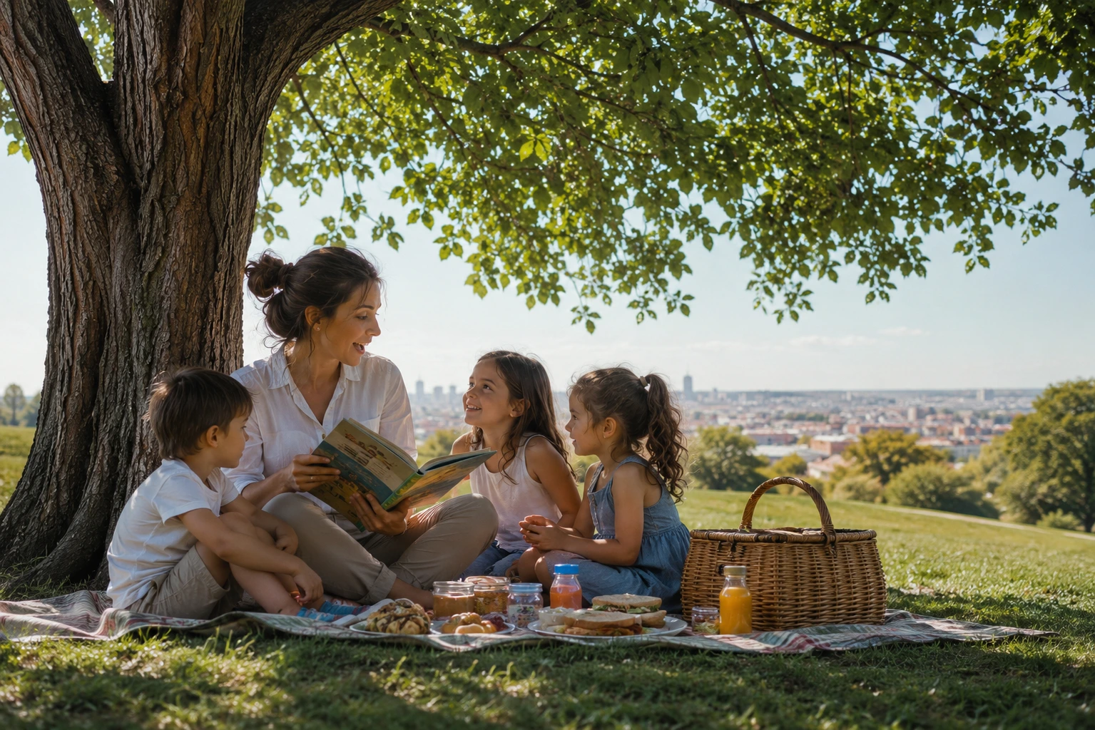 A mother reading a picture book with her children under a tree